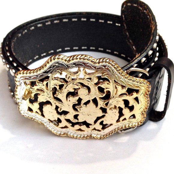 EXPRESS-Black Floral Studded Tooled Leather Belt main image 4